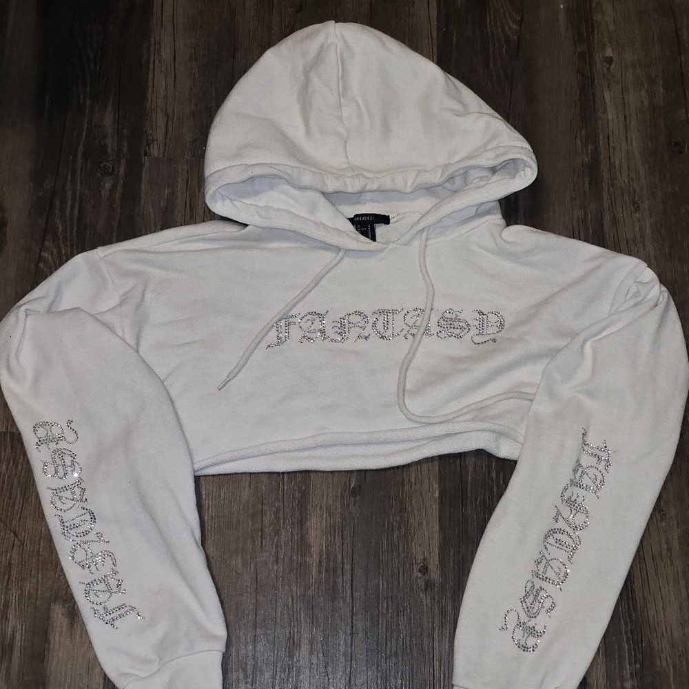 Forever 21 Cropped Hoodie White w/ Sequin Graphic Detail M
